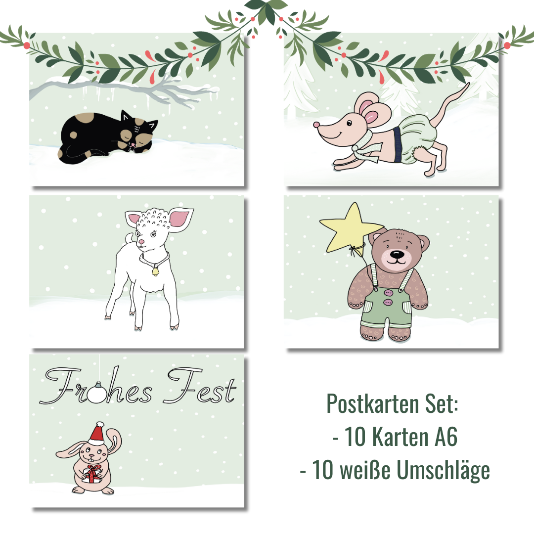 Weihnachtskarte Katze im Set mit anderen winterlichen Grußkarten